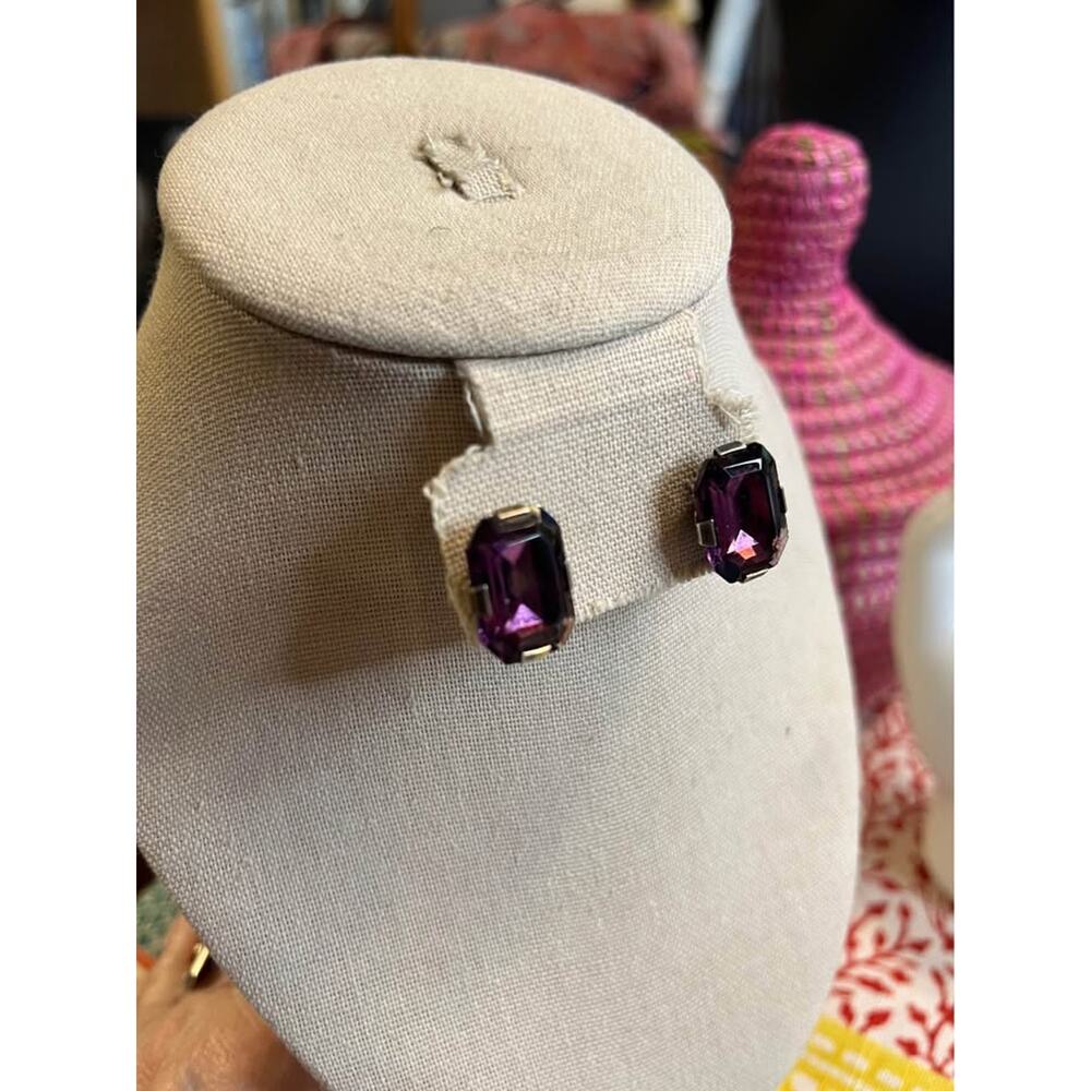 Purple sterling gold over silver glass screw back earrings A26